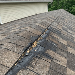 Image showing significant leak damage to the ridge of an asphalt roof, with visible water stains and signs of deterioration.