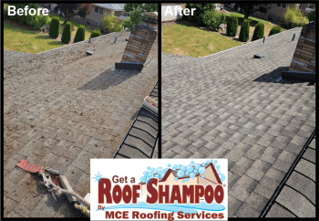 a picture of before and after a roof shampoo roof cleaning process from mce roofing